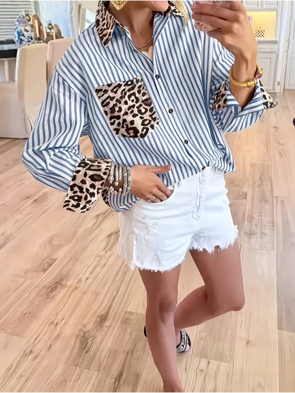 Cowgirl Tuff Blue & White Striped Button-Down with Leopard Trim •Rodeo Shirt•